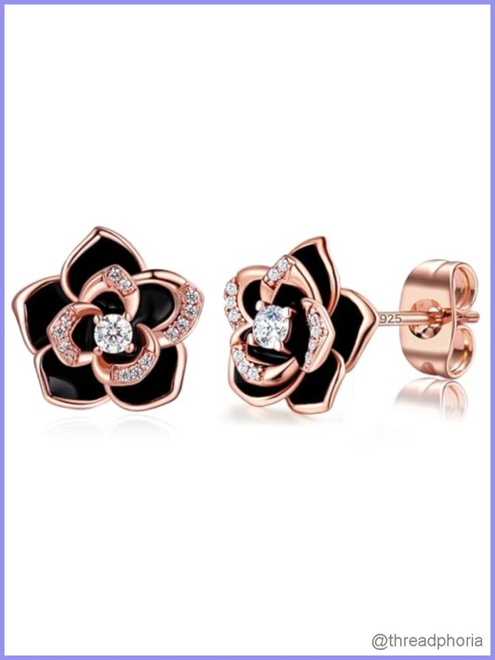 14K Gold Rose Flower Sterling Silver Stud Earrings Cubic Zirconia